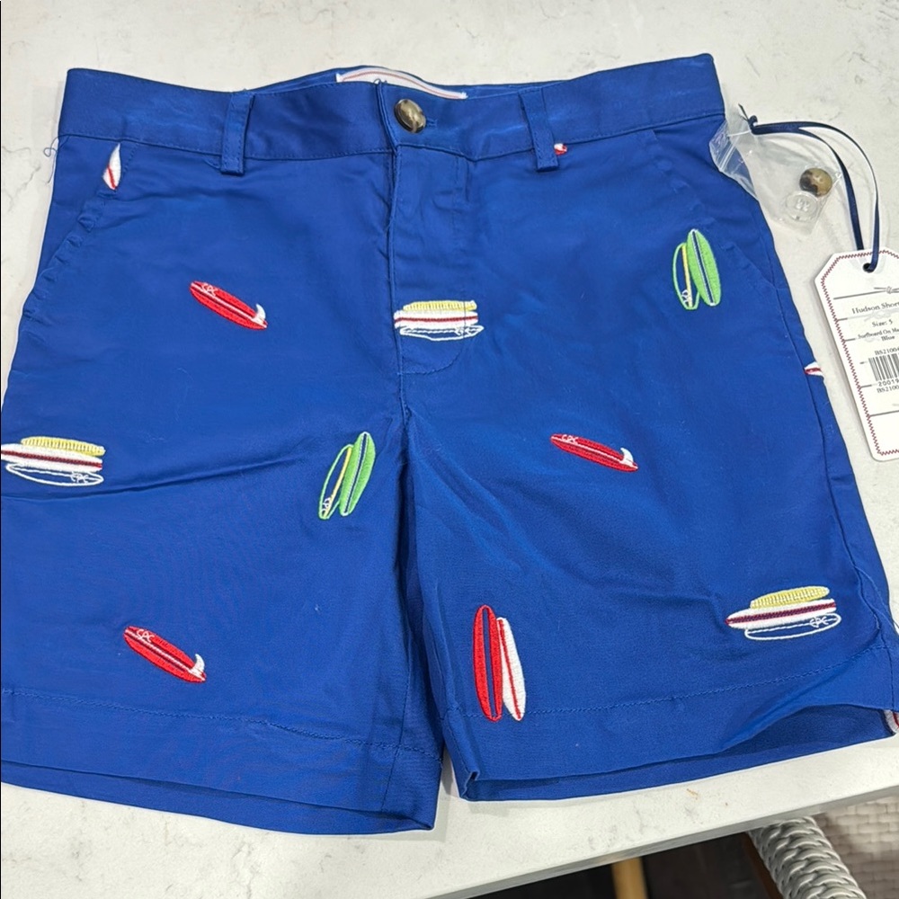 Vibrant Blue Surfboard Embroidered Shorts